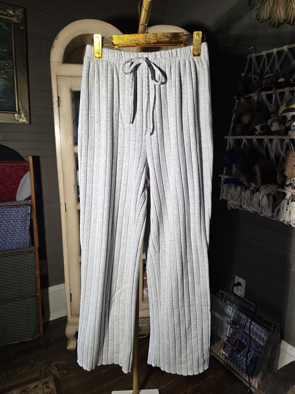 Wide Leg Ribbed Knit Pants - Light Gray